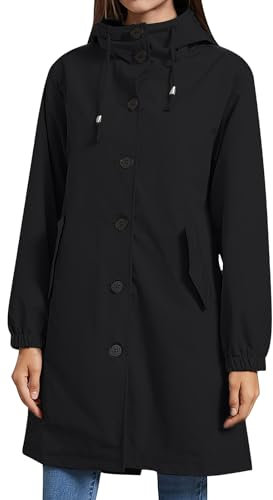Hveuluop Gieen Veste Coupe-Vent Imperméable pour Femme - Veste Longue D'extérieur Légère et Déperlante, Veste de Pluie à Capuche, Trench-Coat de Randonnée avec Fermeture à Bouton