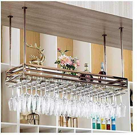 ONWEE Hängendes Weinregal mit Glashalter und Ablage, hängender Rotweinhalter, hängender Kelchhalter, Rotweinglashalter, kreativer Weinglashalter für Zuhause/Roségold/120 x 35 cm Vision