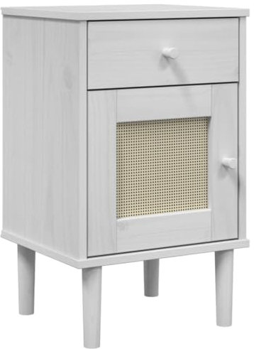 vidaXL Nachttisch, Nachtschrank Rattan-Look, Nachtkommode mit Stauraum für Schlafzimmer, Nachtkonsole Beistelltisch, Weiß Massivholz Kiefer