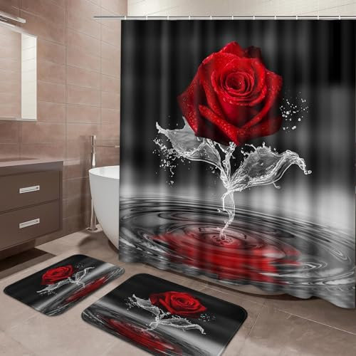 Arttown Badezimmer-Sets mit Duschvorhang und Teppichen und Zubehör, rote Rose, Duschvorhang-Sets, schwarze und beige Duschvorhänge für Badezimmer, schwarzes Blumenmuster, Badezimmer-Dekor, 3-teilig