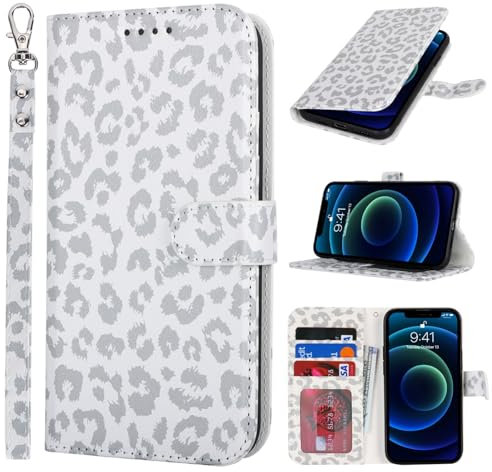 Zouzt Case for iPhone 13 Mini (5.4 Inch), Premium PU Leather Wallet Case with Credit Card Holder Slot Flip Folio Kickstand Shockproof Protective Phone Cover (White Leopard Pattern)