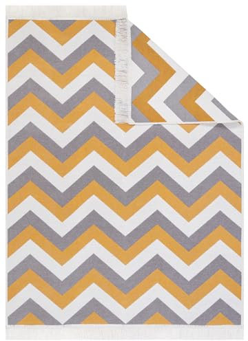 TAPISO Azteca Teppich Kurzflor mit Fransen Baumwolle Waschbar Beidseitig Anwendbar Creme Grau Orange Zig Zag Wohnzimmer Schlafzimmer Küche ÖKOTEX 160 x 230 cm