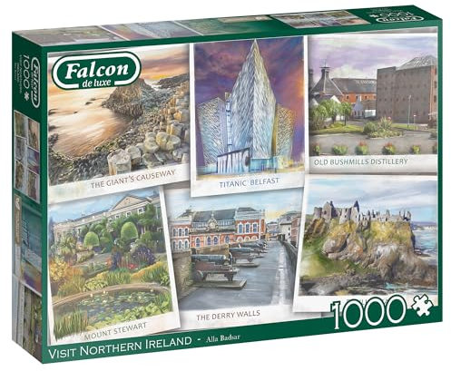 Jumbo -Falcon de Luxe Visit Northern Ireland Age 14+ 1000-Piece Jigsaw Puzzle - Illustrated by Alla Badsar - Premium Recycled Board - Poster-Like Finish - Eco-Friendly Packaging
