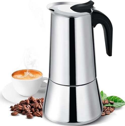 Cafetera Italiana en acero inoxidable 6 tazas (300 ml) Cafetera Italiana inducción para espresso. Compatible con gas, vitrocerámica e inducción. Uso doméstico y oficina. Cafetera Moka.