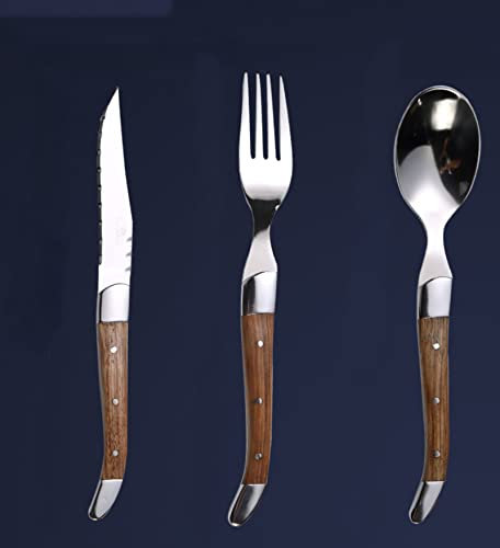 Juego de cubiertos de 12 piezas, juego de cubiertos para 4, vajilla de acero inoxidable con mango de madera de teca dorada, juegos de utensilios para cocina, apto para lavavajillas (18 piezas)