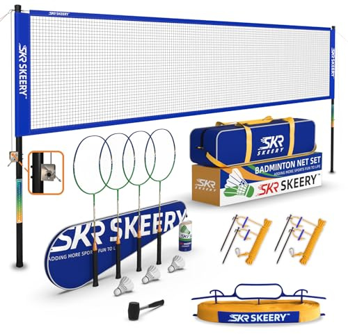 SKEERY Professional Badminton Set with Winch System,Portable Badminton Net includes Carbon Aluminum Badminton Rackets Set of 4,3 Shuttlecocks and Carrying Bag,Badminton Sets for Backyards,Beach