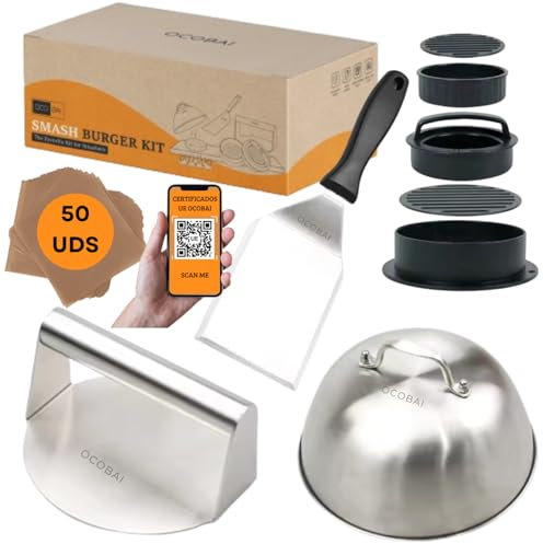 OCOBAI® Smash Burger Kit 7 Piezas Pro de Acero Inoxidable con Certificado EU - Aplastador de Hamburguesas Acero 304 y Molde Hamburguesas Caseras 3 en 1+50 Uds. Papel Hamburguesas. Kit Smash Burger