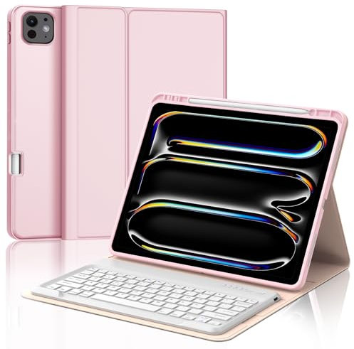 JADEMALL Funda con Teclado para iPad Pro 13'' (M4) 2024, Teclado Bluetooth Inalámbrico Desmontable con Funda Protectora Delgada y Ranura para Bolígrafo para iPad Pro 13 Pulgadas M4 2024 Tablet, Rosa