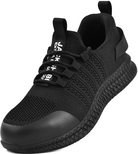 JACKSHIBO Arbeitsschuhe Herren Damen Leicht Sicherheitsschuhe Arbeitsschutzschuhe Stahlkappenschuhe Atmungsaktiv mit Stahlkappe Schwarz, 46EU