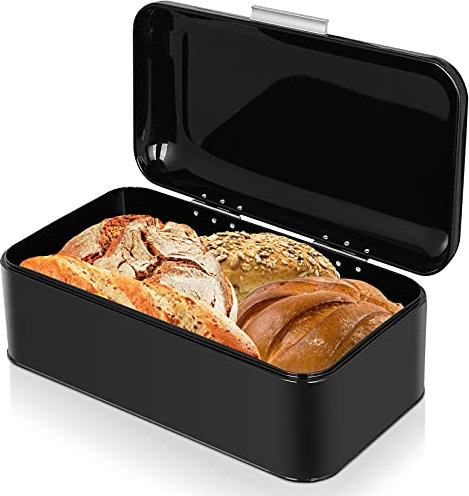 Voency Bread Box for Kitchen Countertop, Metal Bread Storage Container Bin, Retro Bread Holder Box with Lid, Storage Bin for Pastries Loaf, Black