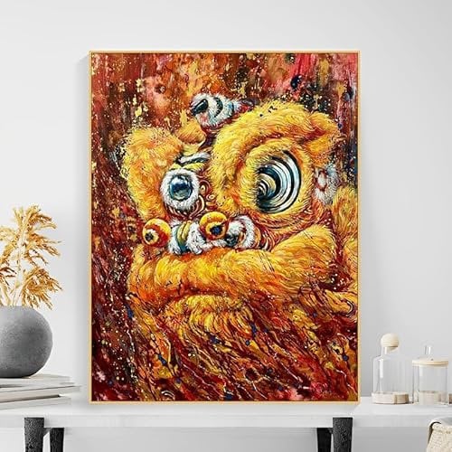 Malen nach Zahlen Erwachsene Löwentanz Marionette Löwe DIY Öl Leinwand Gemälde Set Anfänger ältere Acrylpigment Malen Malerei kreatives Geschenk Home Haus Deko 40x50 cm (Mit Rahmen)