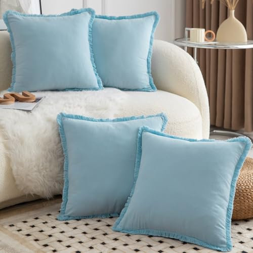 Mandioo 4er Set Neutralen Baumwolle Kissenbezug 45x45cm Herbst Quasten Dekorative Kissenbezüge Boho Sofakissen Dekokissen Kissenhülle für Couch Sofa Schlafzimmer Wohnzimmer Hellblau