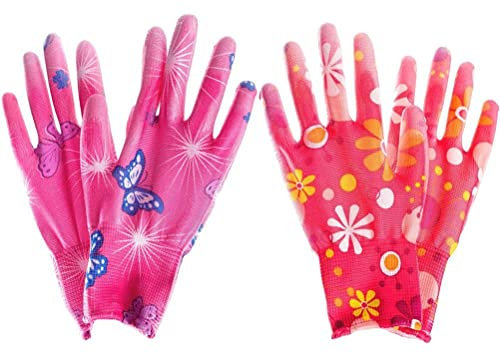 Keuyeo Nylon-gartenhandschuhe, 2 Paar, Arbeitshandschuhe Nitrilbeschichtung, Für Hausarbeiten Im Garten, Reinigen, Pflanzen, Arbeiten, Rot/rosa