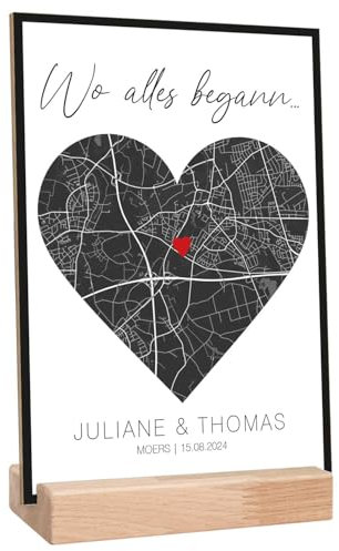 GRAVURZEILE Personalisiertes Bild auf Holz - Wo alles begann - Mit deinem Wunschort - Ideal als Hochzeitsgeschenk - Personalisierte Geschenke für Frauen - Geschenk zum Jahrestag - Schwarz