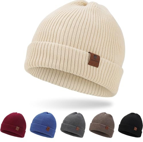 BARFULKER Mütze Herren Damen Winter Beanie Mütze Warme Wintermütze Thermo Dehnbare Strickmützen Bequem Wollmütze Winddichte Laufmützen Cuffed Hats für Frauen Männer Unisex,Beige