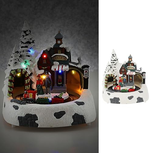 Cepewa LED Winterlandschaft drehender Zug Paar Bahnhof | 19,5x21cm Polyresin 7 Bunte LEDs | batteriebetrieben An-/Ausschalter | Weihnachtsdekoration (1 x LED Winterlandschaft Bahnhof)
