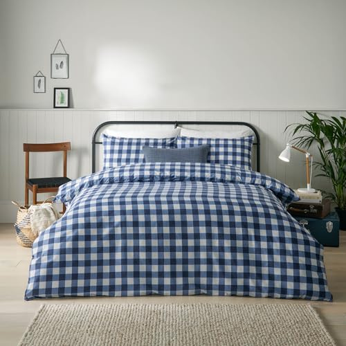furn. Hartsford Gingham Check Duvet Cover Set – Classic Checked Bedding (Navy – Super King)