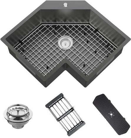 Black Corner Kitchen Sink, 25In Stainless Steel Drop In Sink Stylish and Modern Topmount Sink With Bottom Grid,Silicon Mat,Colander And Drain Assembly Nice Solution For Kitchen And Bar Corner