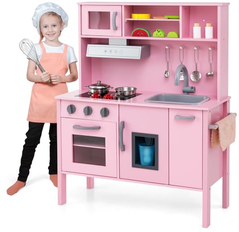 HOMASIS Spielküche mit 18 Zubehör, Kinderküche Holz, Spielzeugküche mit Spüle Herd Backofen Mikrowelle Eismaschine, Holzküche Kinderspielküche Eckküche für Kinder ab 3 Jahre (Rosa)