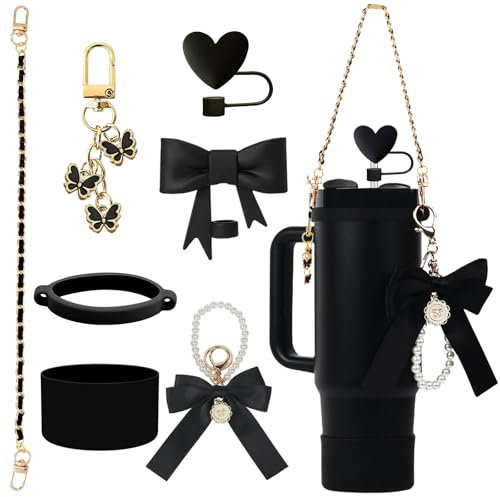 Decorative Accessories for Stanley Cup 7Pcs Include Bow Series Dustproof Straw Cover Charms and Same Color Silicone Base Handle Strap Apply to Stanley Cup 30/40oz (Black)