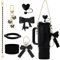 Decorative Accessories for Stanley Cup 7Pcs Include Bow Series Dustproof Straw Cover Charms and Same Color Silicone Base Handle Strap Apply to Stanley Cup 30/40oz (Black)