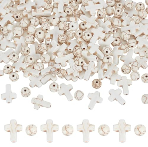 HOBBIESAY 200 Stück 2 Stile Beige Kreuzperlen Runde Kreuzperlen Synthetische Türkisfarbene Kruzifix Abstandshalterperlen Kreuz Lose Perlen Charms Zur Schmuckherstellung Loch:1mm