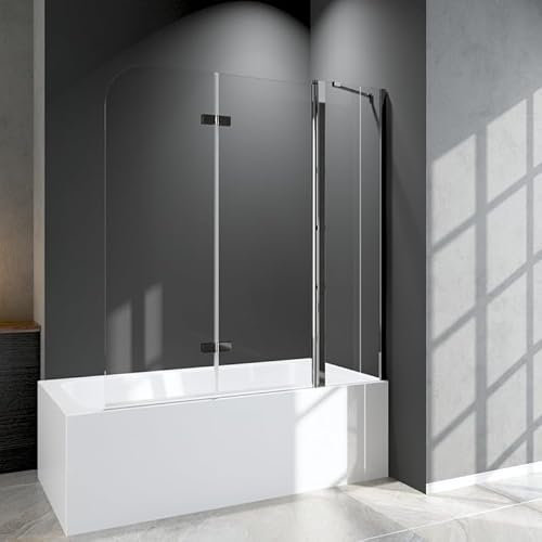 WDWRITTI Duschwand für Badewanne 160x140cm Duschabtrennung, 3-Teilig Faltbar klar Badewannenaufsatz mit seitenwand, Duschtrennwand mit 6mm NANO ESG Sicherheitsglas, Badewannenfaltwand in Chrom Alu
