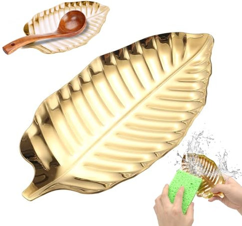 Spoon Holder Kitchen Rest, No Rust No Mold Stainless Steel Gold Tea Spoon Rest Leaf Shape Small Cooking Spoon Rest for Countertop Cutlery Spatulas Tongs, with Washing Up Sponge