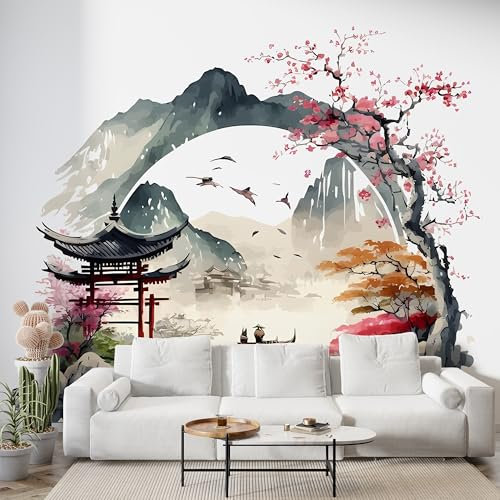 Selbstklebende Tapete Japanischer Berg Landschaft Wandbilder, Vlies Fototapete mit Aquarell Motiv, 3D Effekt Wandtapete Deko, Abziehen & Aufkleben, 300x210 cm - S-957