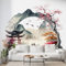 Selbstklebende Tapete Japanischer Berg Landschaft Wandbilder, Vlies Fototapete mit Aquarell Motiv, 3D Effekt Wandtapete Deko, Abziehen & Aufkleben, 300x210 cm - S-957