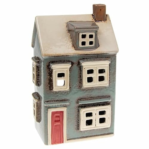 Lichthaus | Teelichthaus | Lichterhaus | Teelichthalter | Kerzenhalter | Keramik (Grün/Beige 22x14x10 cm)