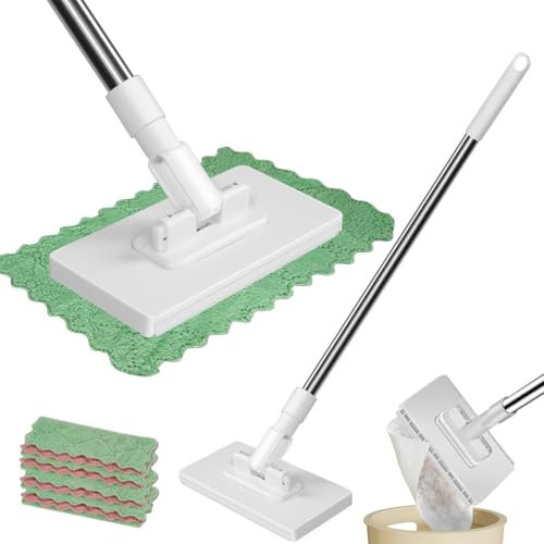 2025 Neu Wischmopp mit Druck-Klemm-System, Ohne Händewaschen, EIN Knopf zum Wechseln, Automatisches Klemmtuch, Bodenwischer mit 4 wiederverwendbaren Mikrofasertüchern (1 Pcs)