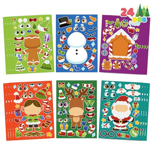 JOYIN 24 Pcs Christmas Make-a-face Stickers, Make Your Own Characters Mix and Match Sticker Sheets with Christmas Elf, Santa, Snowman, Tree, Xmas Party Games for Kids Party Favor Supplies Craft