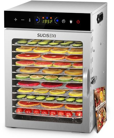 SUCICENI Food Dehydrator Machine, 12 Trays 1000W Stainless Steel Meat Dehydrator for Home Use, 24 Hour Timer and Control Food Dryer