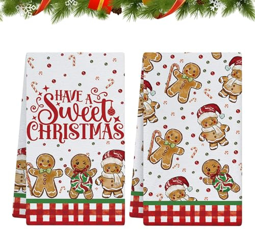 PIujsym Weihnachts Küchenhandtücher 2er Set 40x60cm – geschirrtücher Weihnachten mit Lebkuchenmann Saugstarke weihnachtshandtücher aus Mikrofaser, Hängende Weihnachtsdeko Katze zum Aufhängen