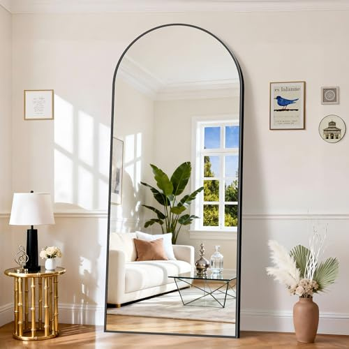 KOCUUY Bogen Standspiegel, 203 x 91 cm Großer Gewölbter Ganzkörperspiegel, Groß Wandspiegel mit Schwarz Aluminium Rahmen, Hängend, Stehend, Kippbar, für Wohnzimmer, Schlafzimmer und Flure
