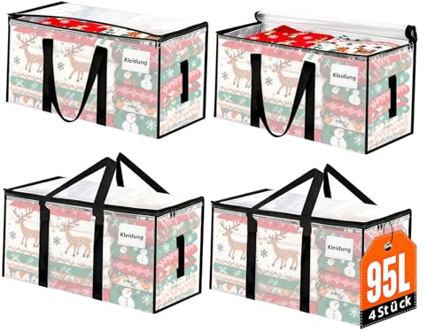 Große Umzugskartons 95-Liters,4 Stück klar Aufbewahrungstaschen mit Deckeln,Heavy-Duty Umzugstaschen mit Reißverschlüssen und verstärkten Griffe,Faltbare Reisetasche oder Weihnachtsbaumtasch