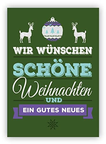 Weihnachtskarten 10x Edle Typo Weihnachtsgrüße mit Hirschen auf grün: Wir wünschen schöne Weihnachten und ein gutes Neues • Klappkarten Set mit Umschlägen als liebevoller Weihnachts Gruss