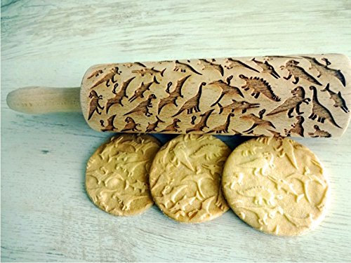 Nudelholz mit Dinosauriere für hausgemachtes Gebäck. Teigroller für DIY Küche, Teig & Plätzchen. Gravierte Nudelholz mit Muster von Algis Crafts