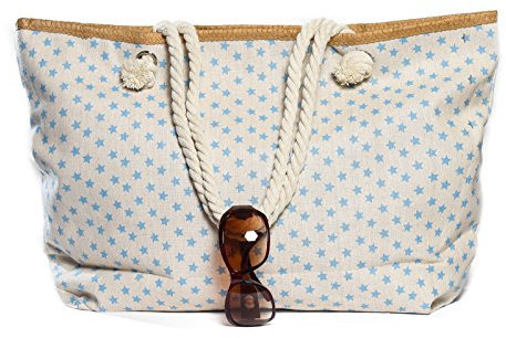 Kandharis Strandtasche Badetasche große Sommertasche Schultertasche Shopper mit Reissverschluss Sterne Muster XL Damen ST-13 Beige Hellblau
