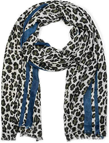 styleBREAKER Damen Schal mit Leo Muster, farbigem Streifen und Fransen, Tuch 01017082, Farbe:Oliv-Blau
