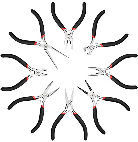 MAXPOWER Mini Jewelry Pliers Set - 8pc, Diagonal, End Cut, Bent, Combination, Flat, Needle, Round Nose (4.5-inch)