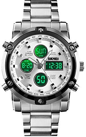 SKMEI Orologio da polso da uomo, impermeabile, militare, analogico, digitale, con cronografo a LED, multi ora, in acciaio inox, da uomo, 1389-argento Argento, 2.28*1.89*0.63 inches, Sportivo