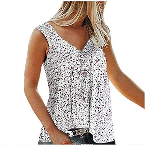 Vimoli Tunique Femme Été Vintage Imprimé Fleurs T-Shirts à Manches Courtes Lâché Col en V Pull Top Chic Tee-Shirt Blouses Chemisiers(D Blanc,L)