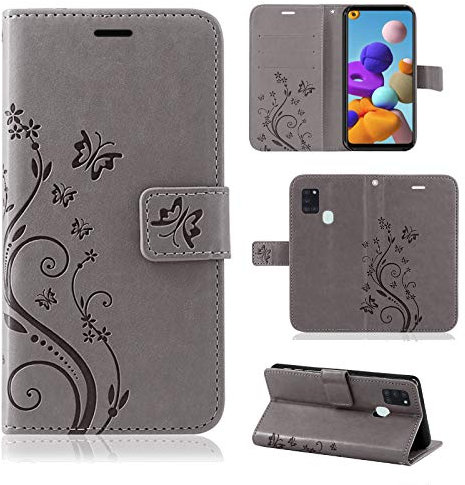 Hülle Kompatibel mit Samsung Galaxy A21s | Klapphülle Schutzhülle mit Kartenfächer Kompatibel für Galaxy A21s | Magnetverschluss Klapphülle | Grau