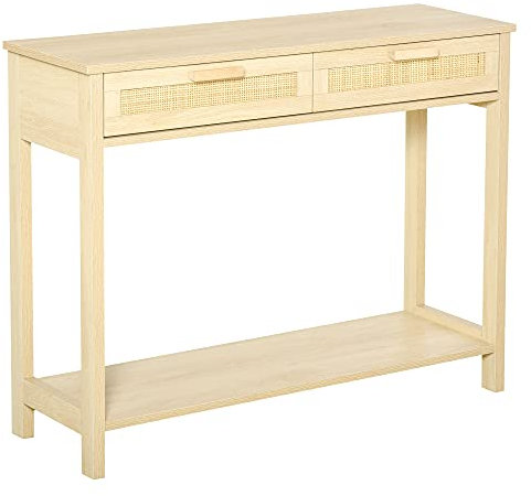 HOMCOM Mesa Consola Mesa de Entrada con 2 Cajones de la Superficie de Ratán y Estante Inferior para Pasillo Salón Dormitorio de Estilo Rústico 100x30x76 cm Natural