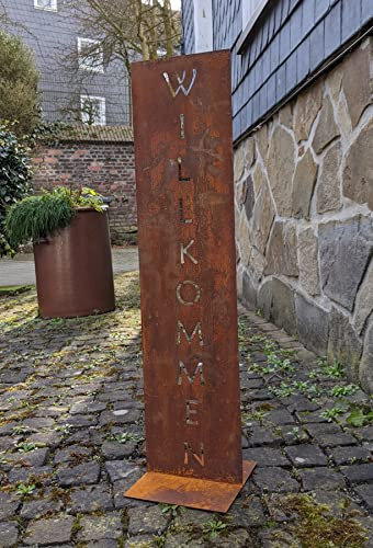 Schild WILLKOMMEN 80 cm hoch auf Platte aus Metall in Edelrost Rost Deko Garten Vorgarten Haustür