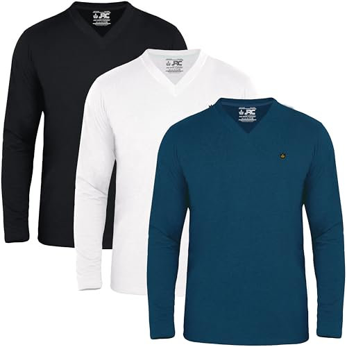 JRC Just Royal Clothing Pack of 3 Mens Long Sleeve V-Neck T-Shirts, Casual Vee Neck Tops (Mid Night, White, Black, L)