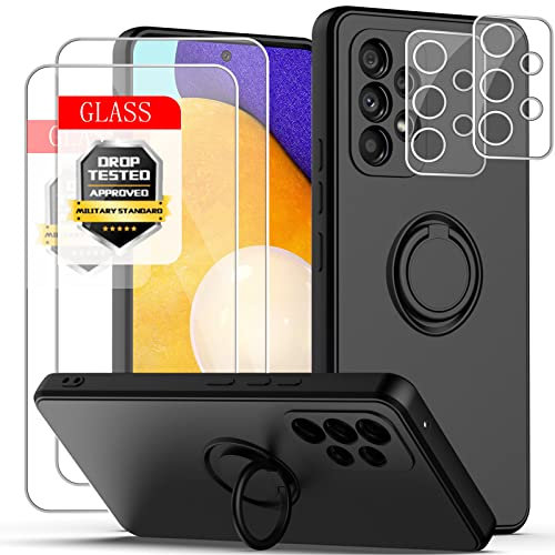Esakycn for Samsung Galaxy A52 / A52S 5G Case, Phone Case with 2 Pack Screen Protector and Camera Lens Protector, Silicone with 360 Ring Holder Kickstand Magnetic Car Mount for A52 5G 6.5, Black