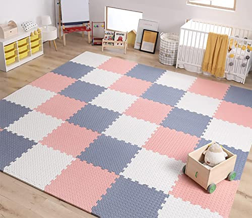 Skrsila 18 Puzzle Eva Schaumstoff Baby Puzzlematte Krabbelmatte Kinderspielteppich Spielmatte rutschfest Bodenschutzmatte 30 x 30 x 1,2 cm, Trainingsmatten Yogamatten Rosa + Weiß + Hellblau